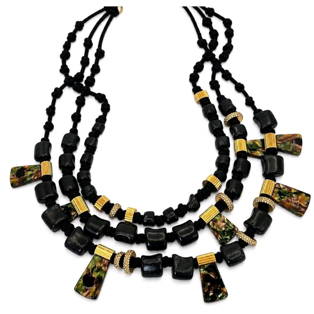 India Hicks Drawing Room Necklace Triple Strand Black Bead Gold Tone Statement